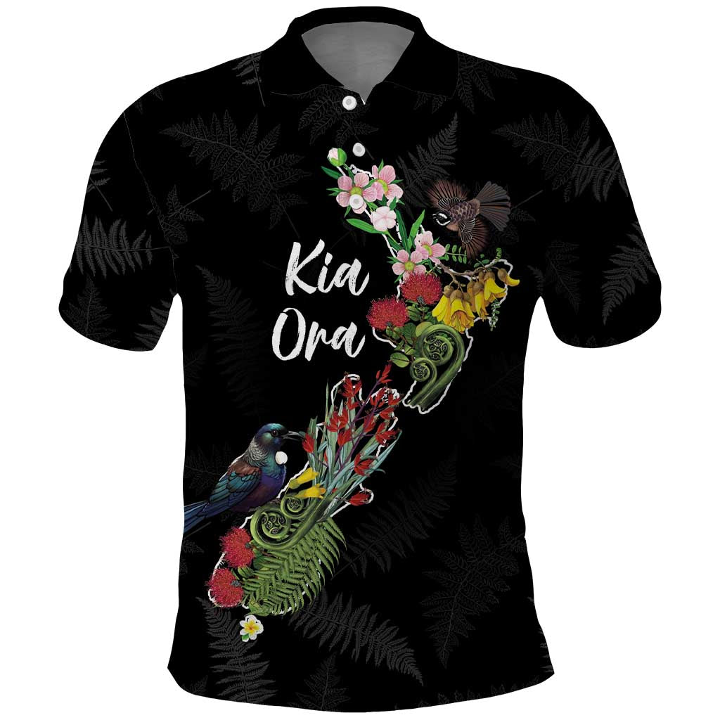 Kia Ora New Zealand Floral Personalized Polo Shirt Black - Polynesian Pride