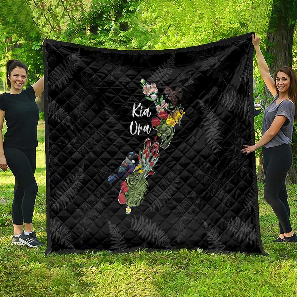 Kia Ora New Zealand Floral Quilt Black - Polynesian Pride