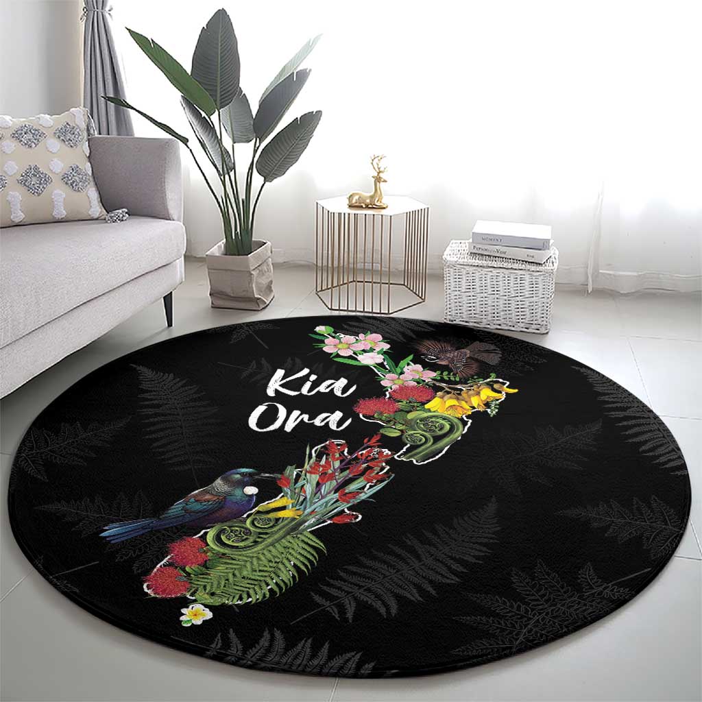 Kia Ora New Zealand Floral Round Carpet Black - Polynesian Pride