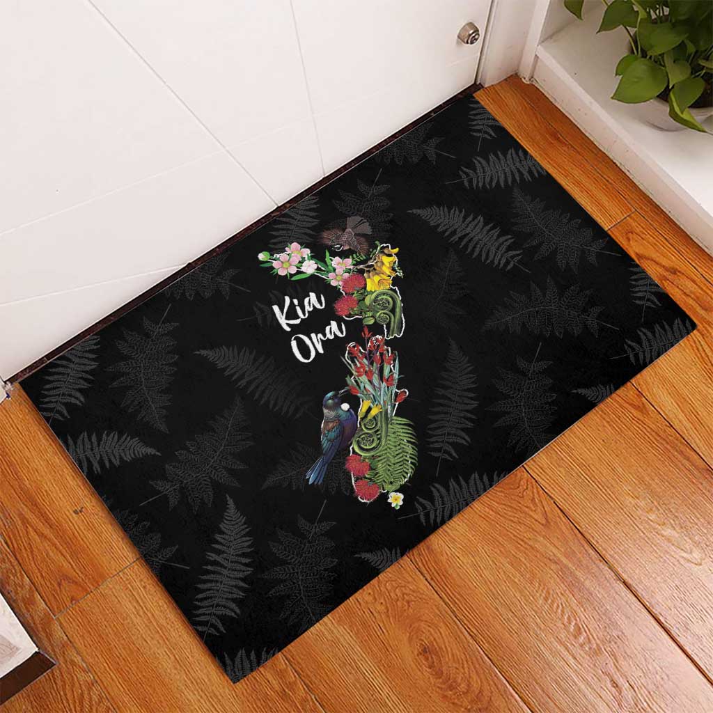 Kia Ora New Zealand Floral Rubber Doormat Black - Polynesian Pride