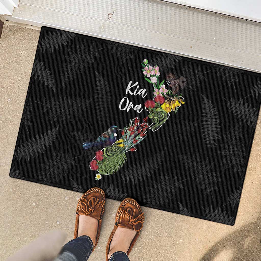 Kia Ora New Zealand Floral Rubber Doormat Black - Polynesian Pride