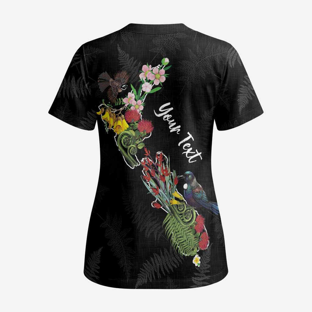 Kia Ora New Zealand Floral Personalized Scrub Top Black - Polynesian Pride