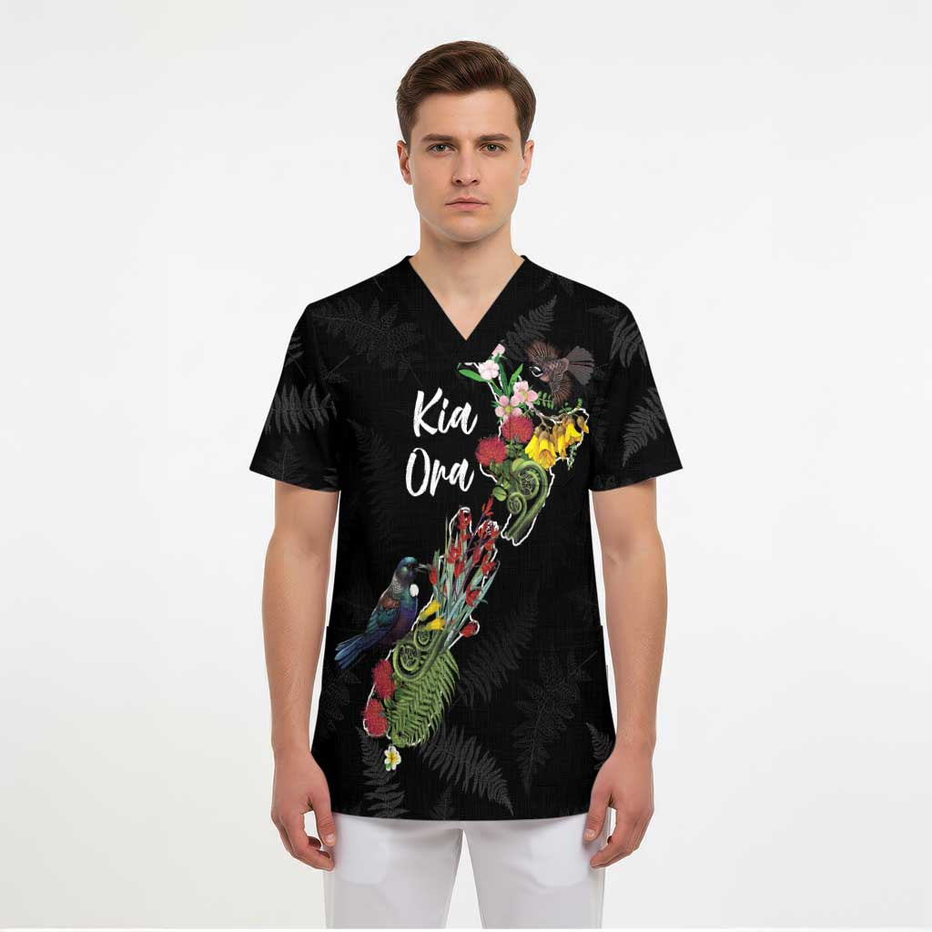 Kia Ora New Zealand Floral Personalized Scrub Top Black - Polynesian Pride