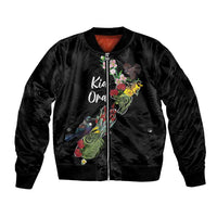 Kia Ora New Zealand Floral Personalized Sleeve Zip Bomber Jacket Black - Polynesian Pride