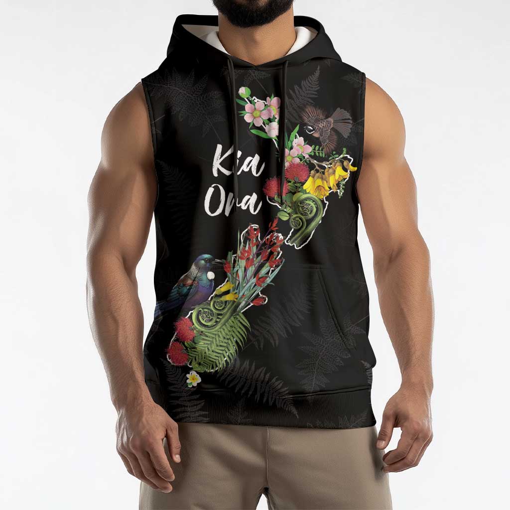 Kia Ora New Zealand Floral Personalized Sleeveless Hoodie Black - Polynesian Pride