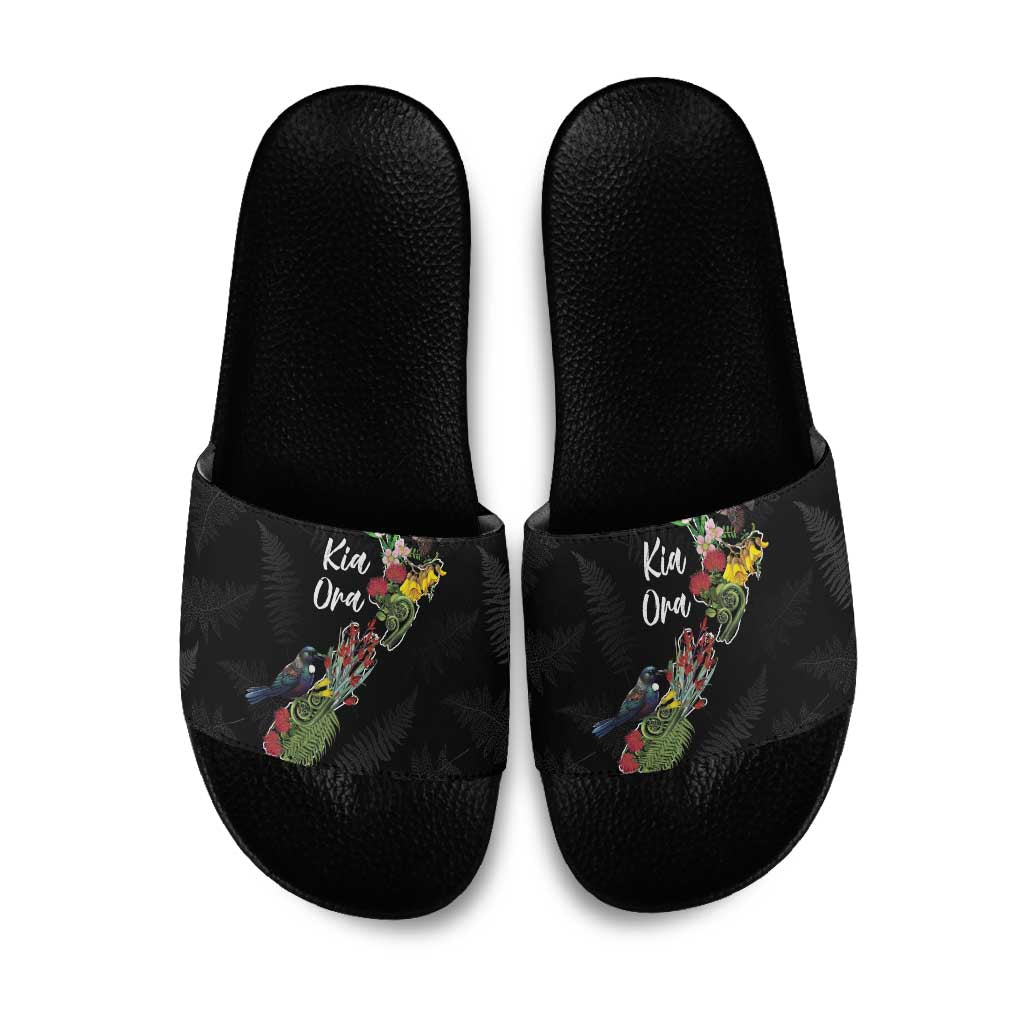 Kia Ora New Zealand Floral Slide Sandals Black LT7 Black - Polynesian Pride