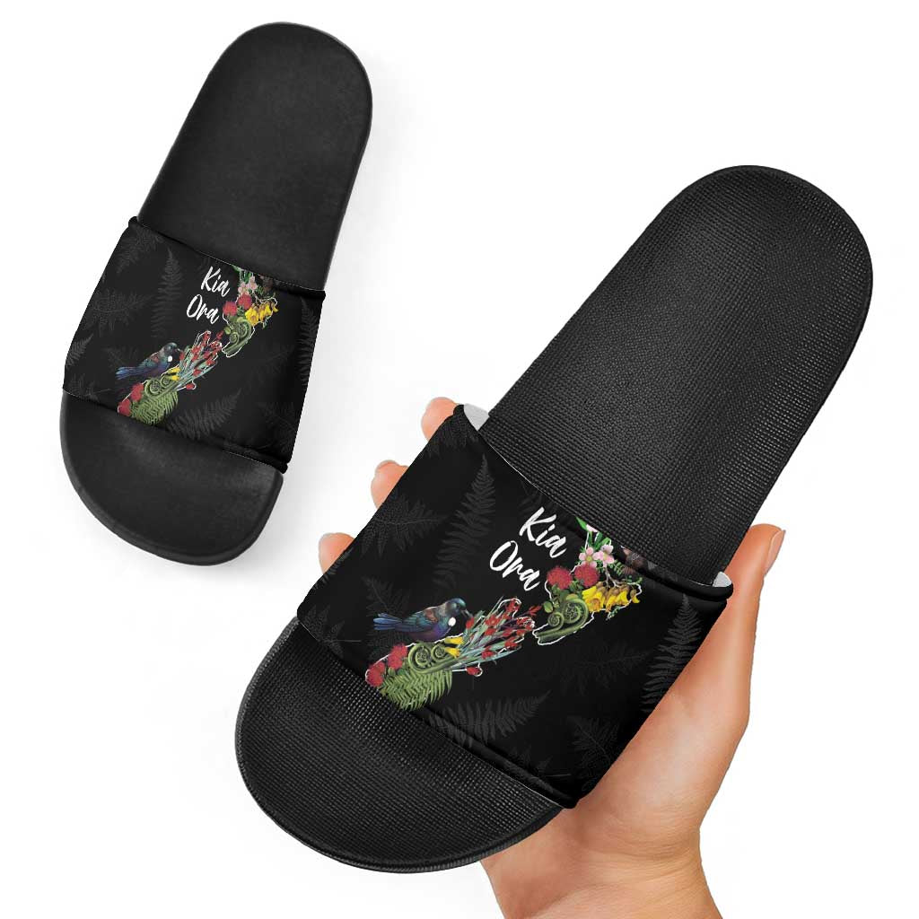 Kia Ora New Zealand Floral Slide Sandals Black - Polynesian Pride