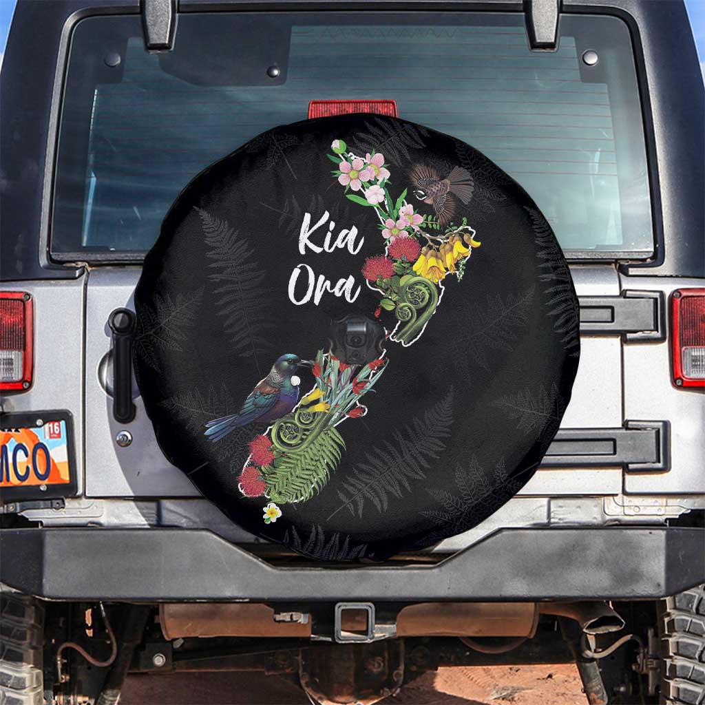 Kia Ora New Zealand Floral Spare Tire Cover Black LT7 Black - Polynesian Pride