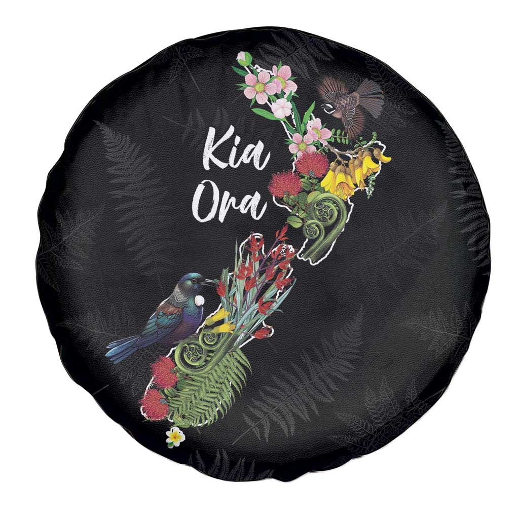 Kia Ora New Zealand Floral Spare Tire Cover Black - Polynesian Pride