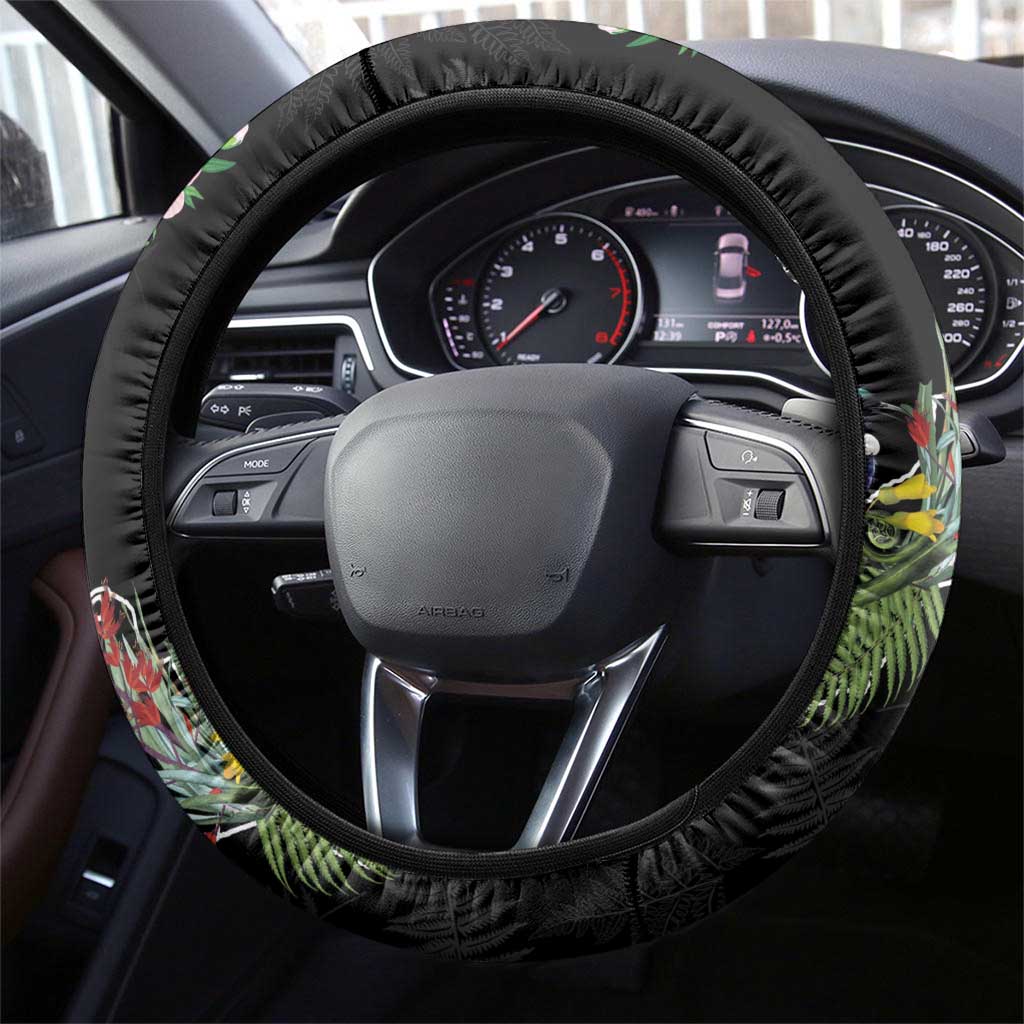 Kia Ora New Zealand Floral Steering Wheel Cover Black - Polynesian Pride