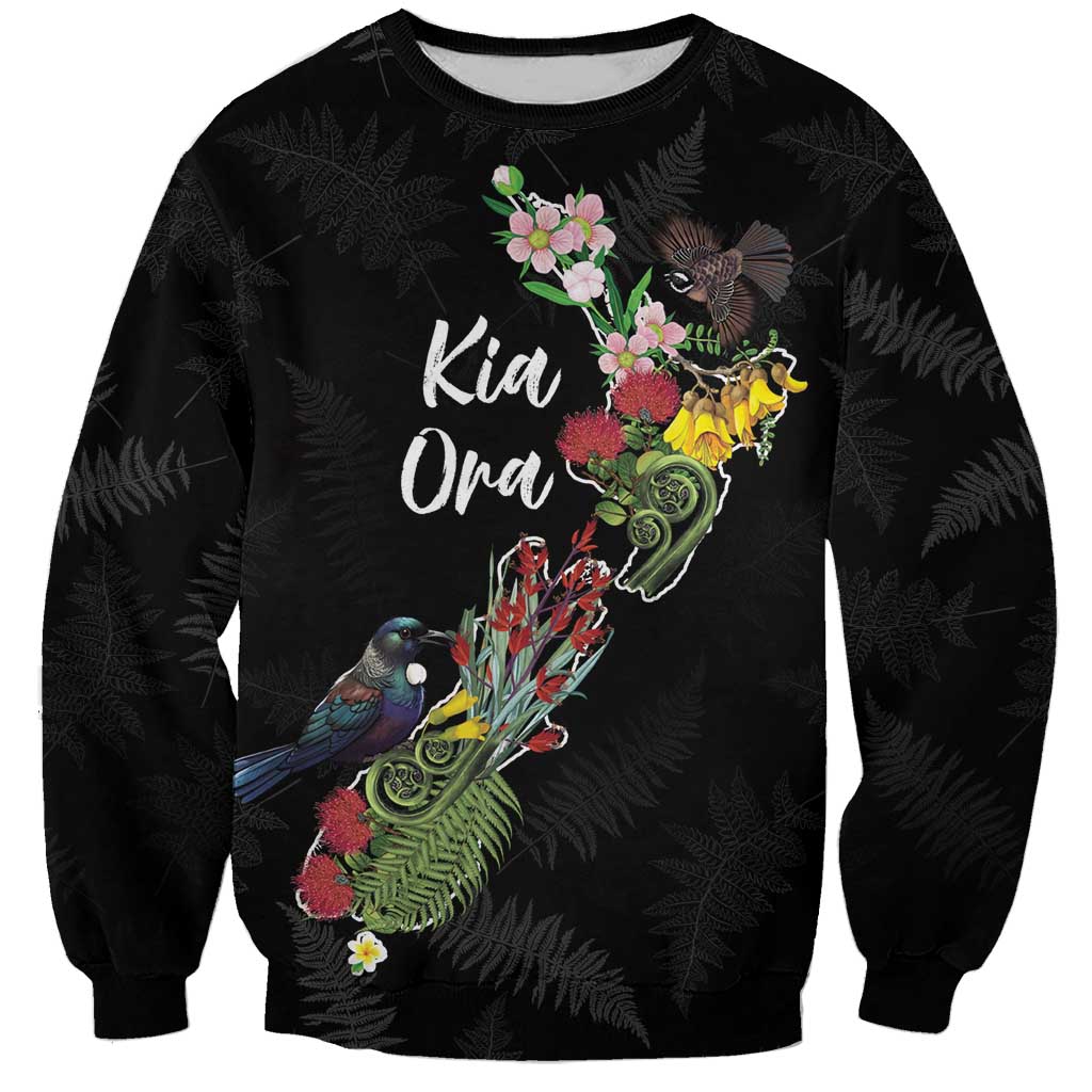 Kia Ora New Zealand Floral Personalized Sweatshirt Black - Polynesian Pride