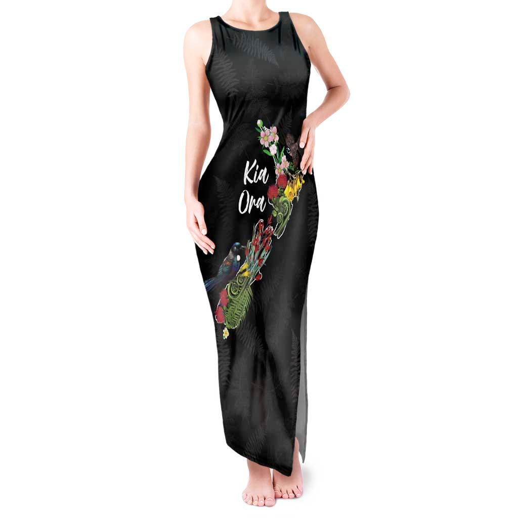 Kia Ora New Zealand Floral Personalized Tank Maxi Dress Black - Polynesian Pride