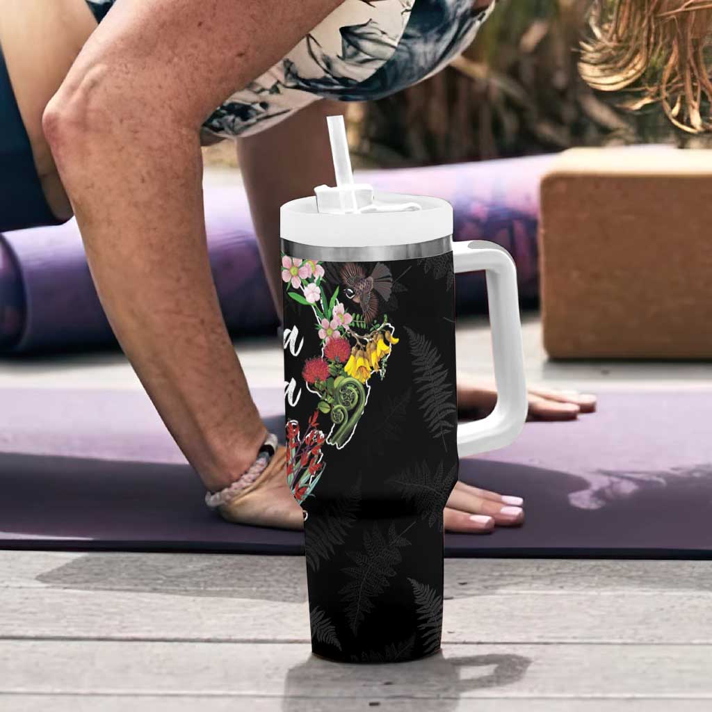 Kia Ora New Zealand Floral Tumbler With Handle Black - Polynesian Pride