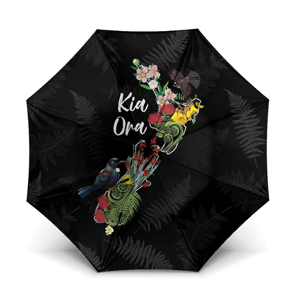 Kia Ora New Zealand Floral Umbrella Black LT7 One Size Folded 11.42 inch Opened Diameter 37.4 inch Black - Polynesian Pride