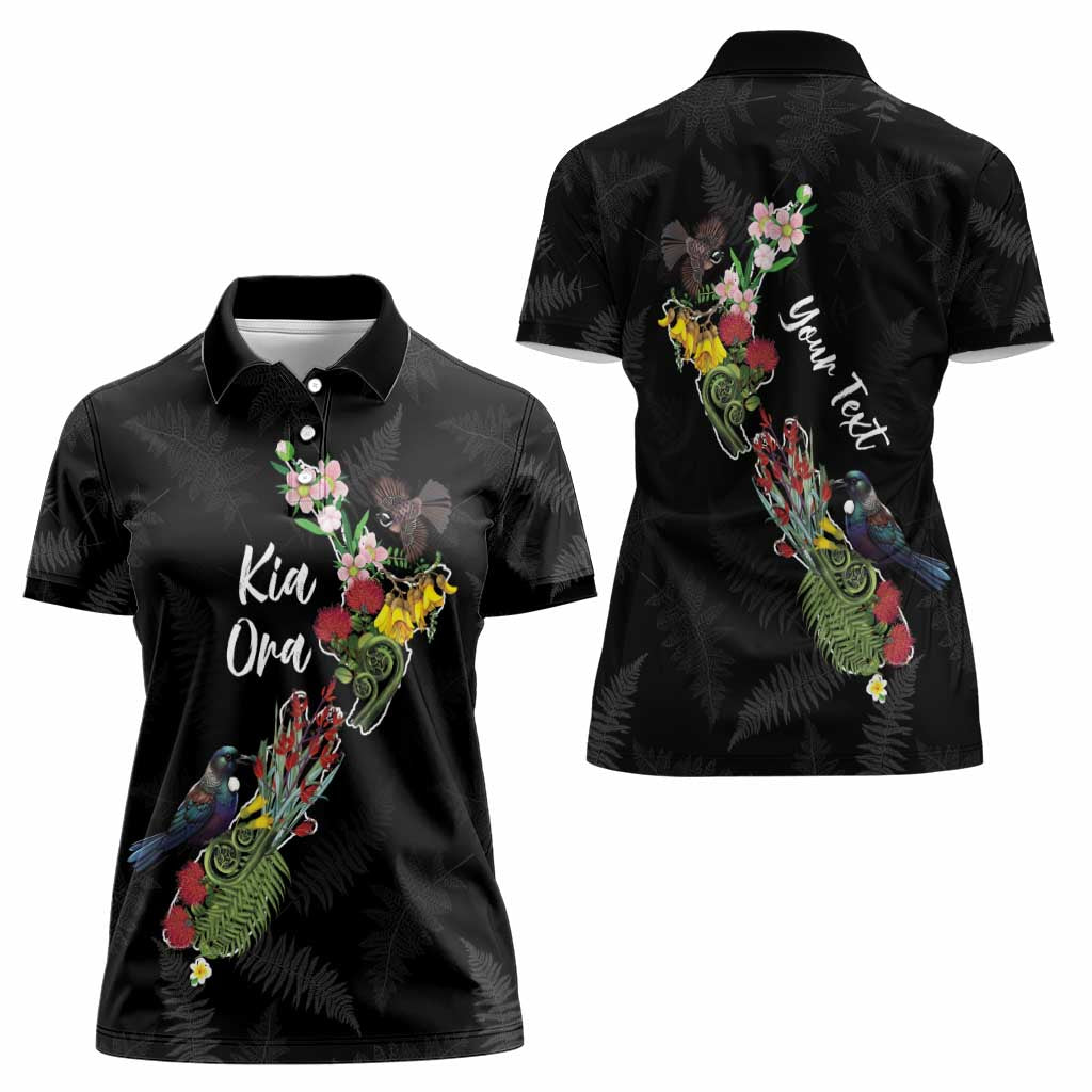 Kia Ora New Zealand Floral Personalized Women Polo Shirt Black - Polynesian Pride