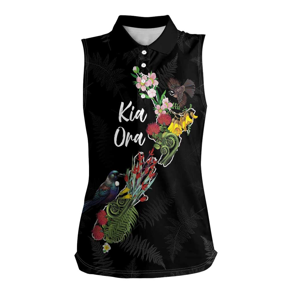 Kia Ora New Zealand Floral Personalized Women Sleeveless Polo Shirt Black - Polynesian Pride