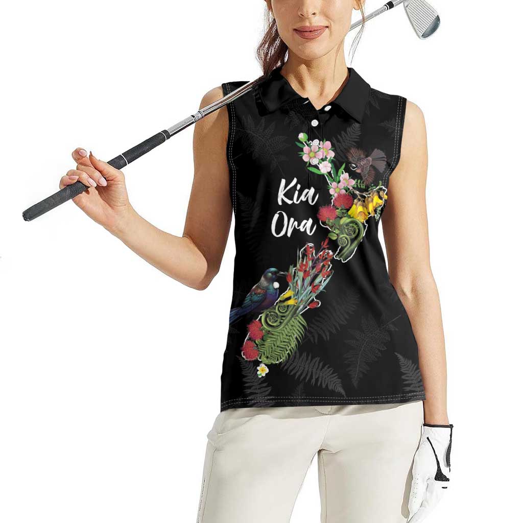 Kia Ora New Zealand Floral Personalized Women Sleeveless Polo Shirt Black - Polynesian Pride
