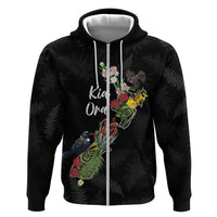 Kia Ora New Zealand Floral Personalized Zip Hoodie Black - Polynesian Pride