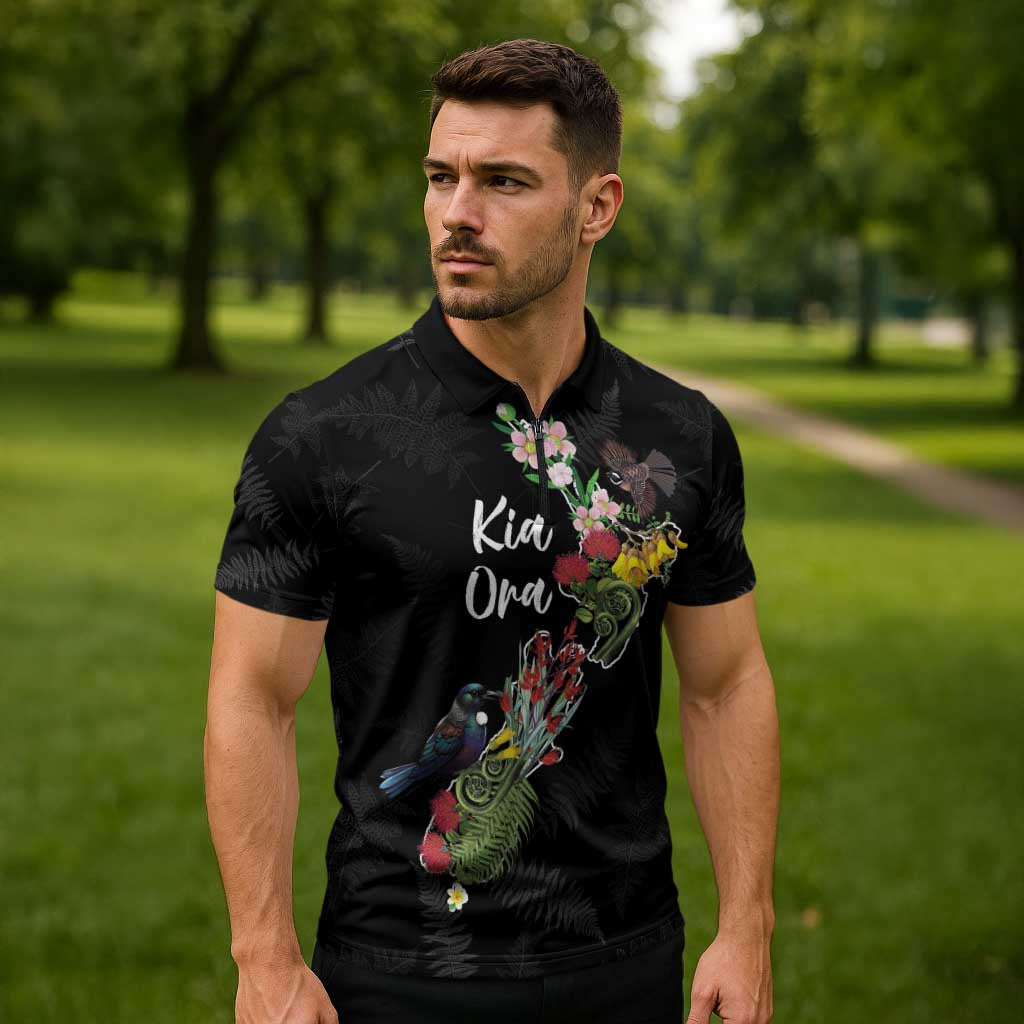 Kia Ora New Zealand Floral Personalized Zipper Polo Shirt Black - Polynesian Pride