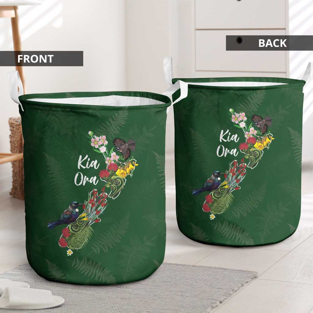 Kia Ora New Zealand Floral Laundry Basket Sage Green - Polynesian Pride