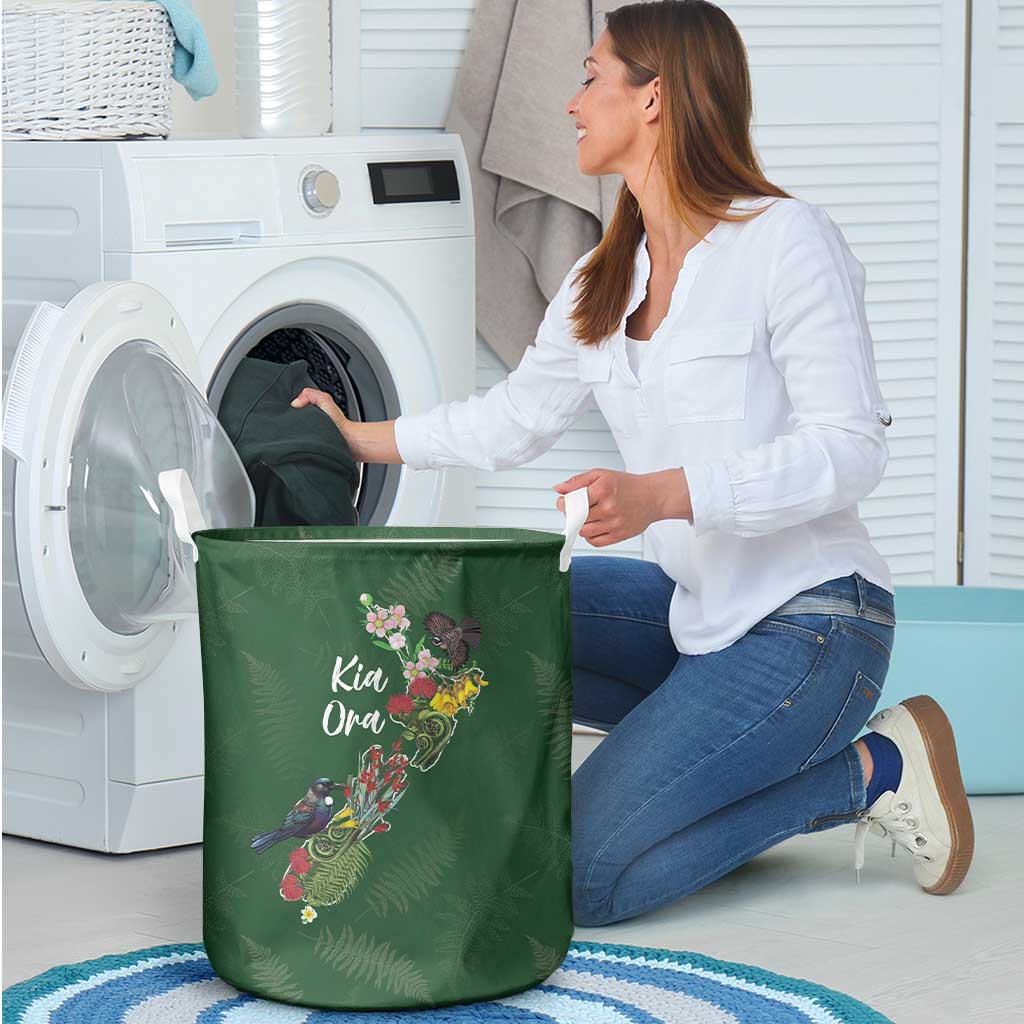 Kia Ora New Zealand Floral Laundry Basket Sage Green - Polynesian Pride