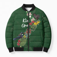 Kia Ora New Zealand Floral Personalized Bomber Puffer Jacket Sage Green - Polynesian Pride