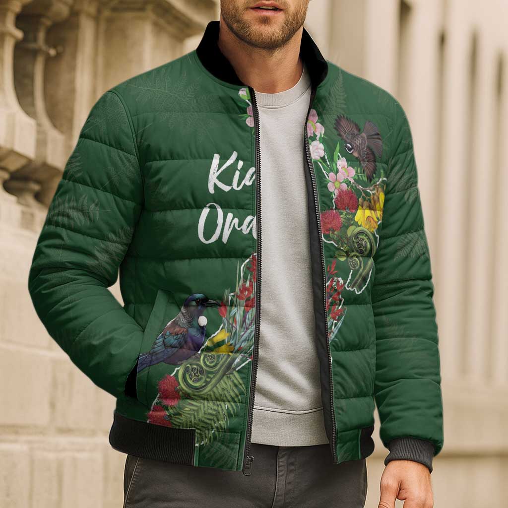 Kia Ora New Zealand Floral Personalized Bomber Puffer Jacket Sage Green - Polynesian Pride