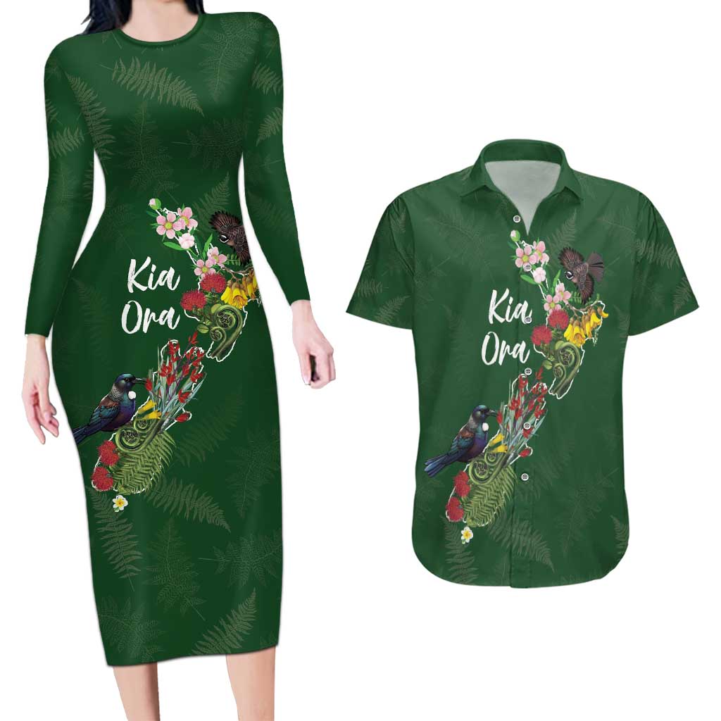 Kia Ora New Zealand Floral Personalized Couples Matching Long Sleeve Bodycon Dress and Hawaiian Shirt Sage Green - Polynesian Pride