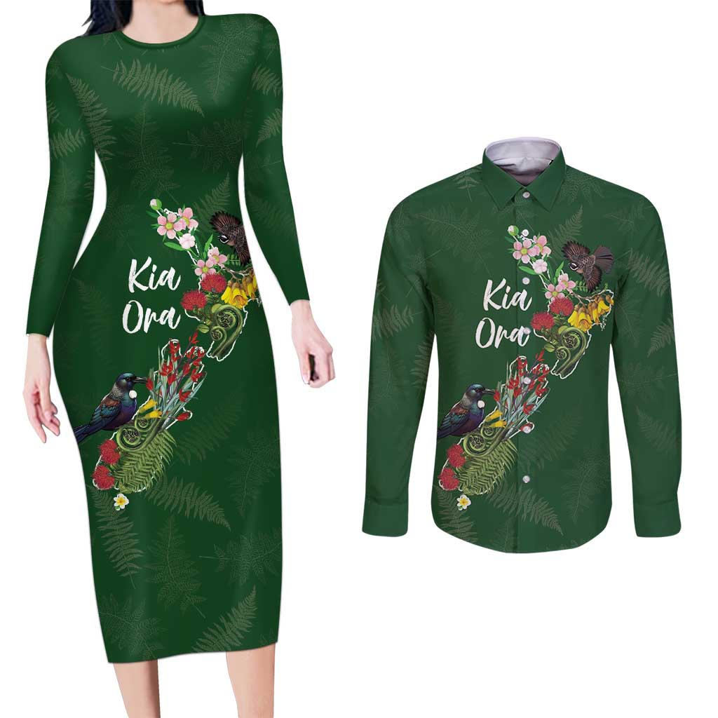 Kia Ora New Zealand Floral Personalized Couples Matching Long Sleeve Bodycon Dress and Long Sleeve Button Shirt Sage Green - Polynesian Pride