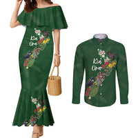 Kia Ora New Zealand Floral Personalized Couples Matching Mermaid Dress and Long Sleeve Button Shirt Sage Green - Polynesian Pride