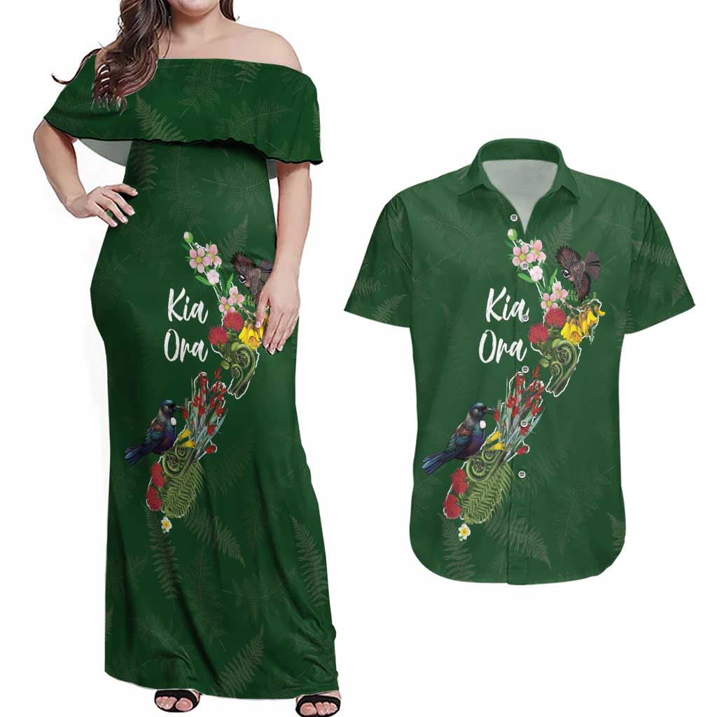 Kia Ora New Zealand Floral Personalized Couples Matching Off Shoulder Maxi Dress and Hawaiian Shirt Sage Green - Polynesian Pride