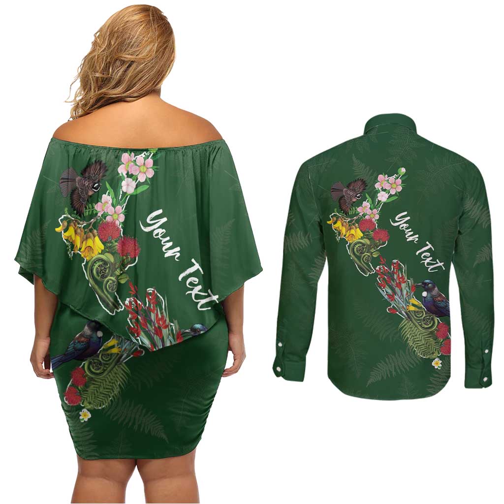 Kia Ora New Zealand Floral Personalized Couples Matching Off Shoulder Short Dress and Long Sleeve Button Shirt Sage Green - Polynesian Pride