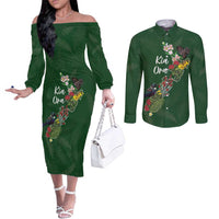 Kia Ora New Zealand Floral Personalized Couples Matching Off The Shoulder Long Sleeve Dress and Long Sleeve Button Shirt Sage Green - Polynesian Pride