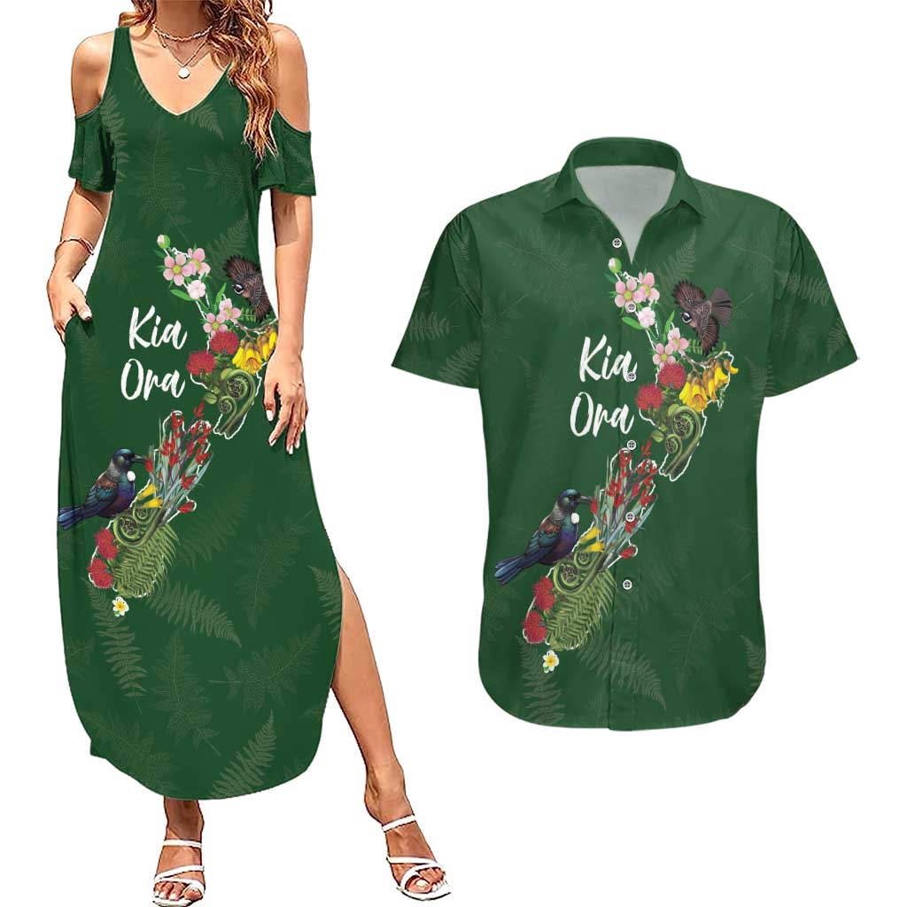 Kia Ora New Zealand Floral Personalized Couples Matching Summer Maxi Dress and Hawaiian Shirt Sage Green - Polynesian Pride