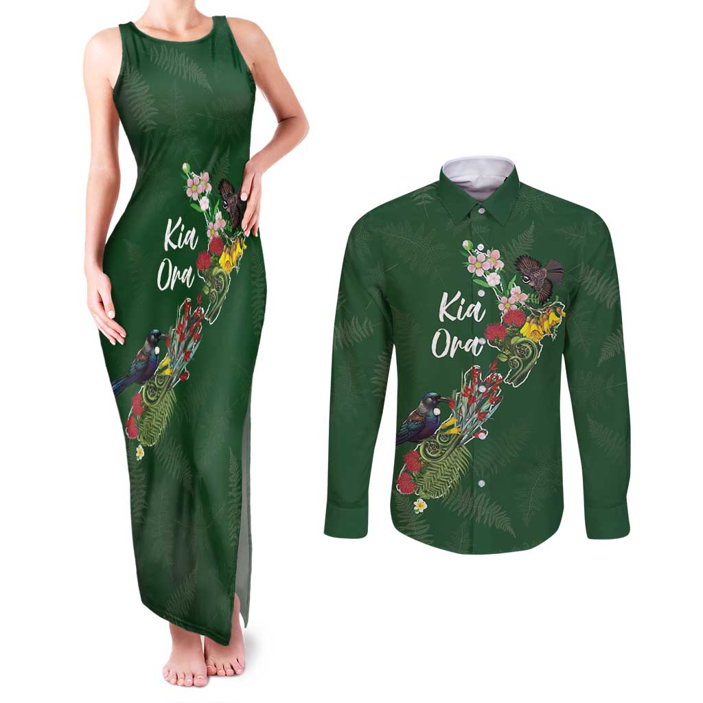 Kia Ora New Zealand Floral Personalized Couples Matching Tank Maxi Dress and Long Sleeve Button Shirt Sage Green - Polynesian Pride