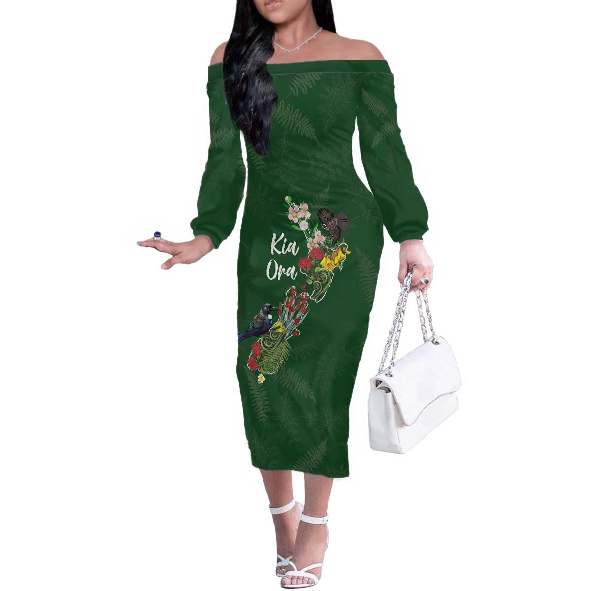 Kia Ora New Zealand Floral Personalized Family Matching Off The Shoulder Long Sleeve Dress and Hawaiian Shirt Sage Green - Polynesian Pride