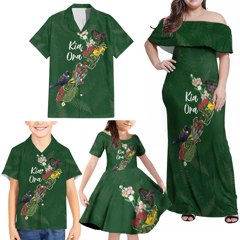 Kia Ora New Zealand Floral Personalized Family Matching Off Shoulder Maxi Dress and Hawaiian Shirt Sage Green - Polynesian Pride