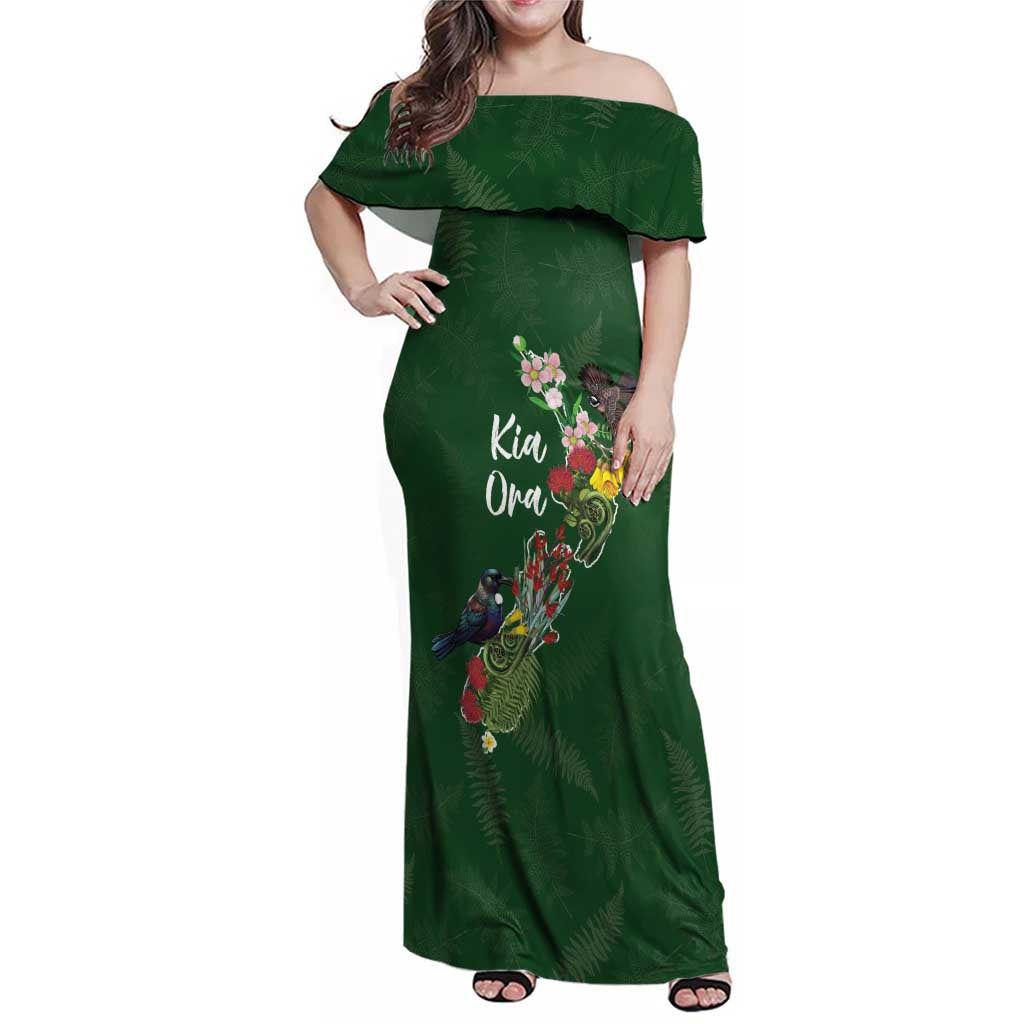 Kia Ora New Zealand Floral Personalized Family Matching Off Shoulder Maxi Dress and Hawaiian Shirt Sage Green - Polynesian Pride
