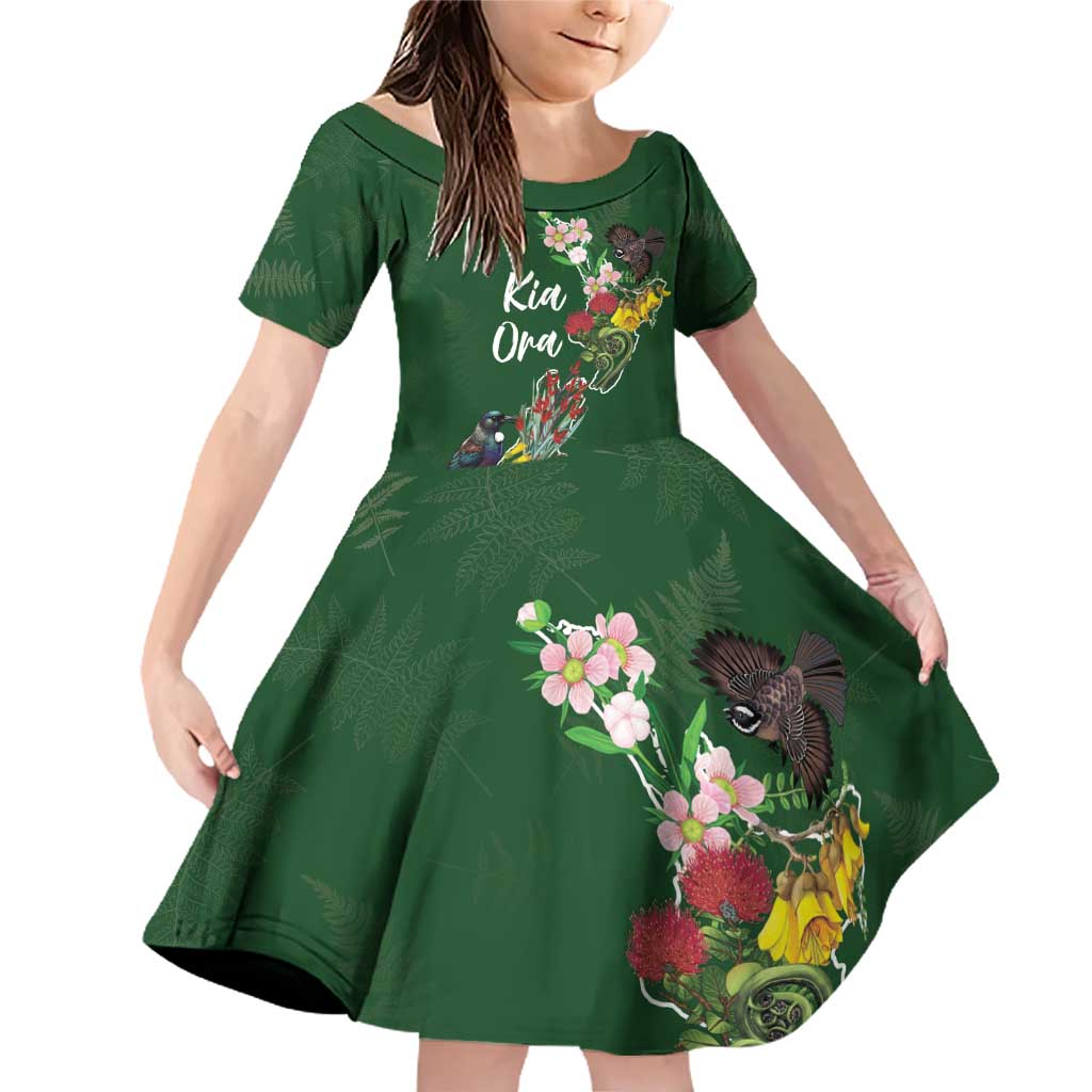Kia Ora New Zealand Floral Personalized Family Matching Off Shoulder Short Dress and Hawaiian Shirt Sage Green - Polynesian Pride