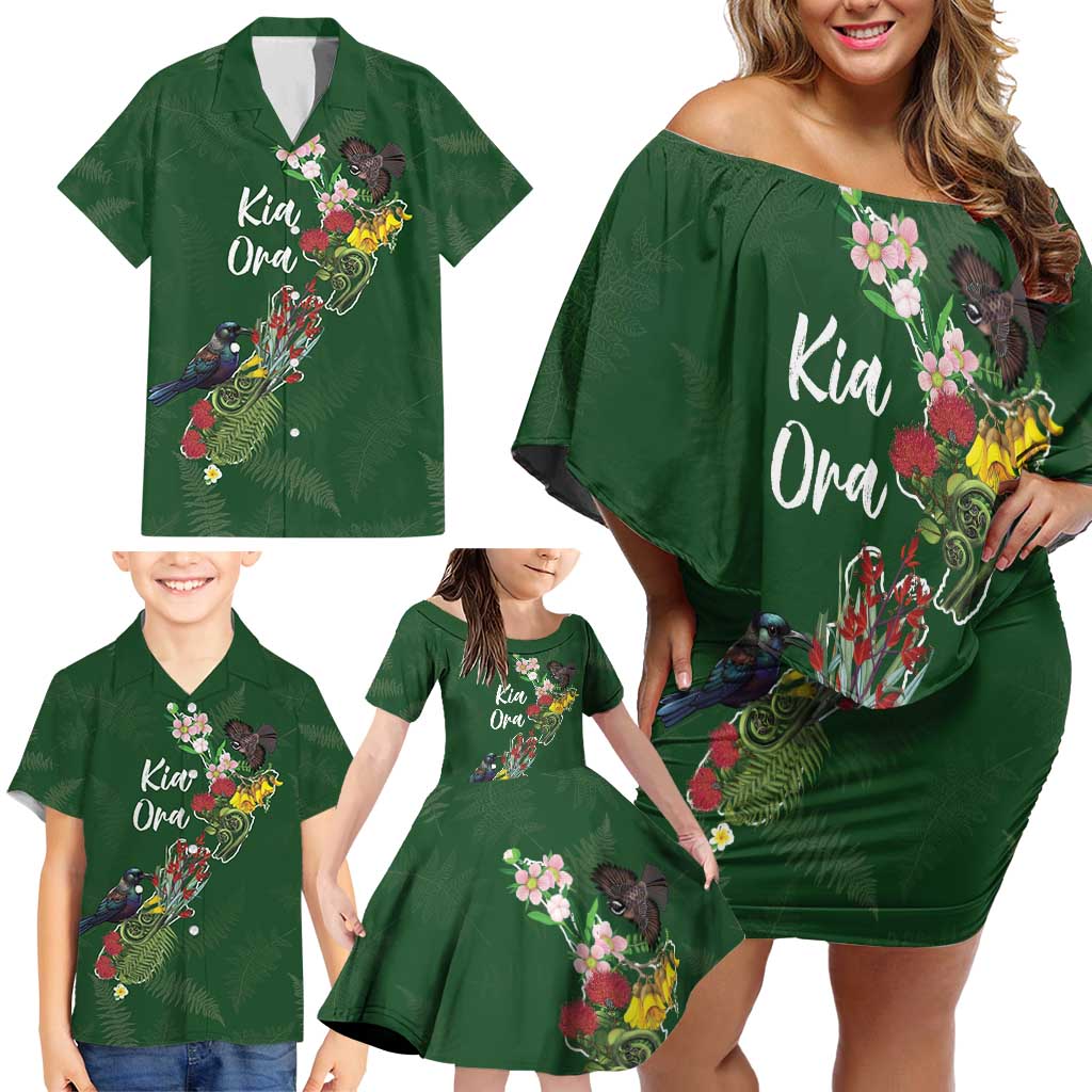Kia Ora New Zealand Floral Personalized Family Matching Off Shoulder Short Dress and Hawaiian Shirt Sage Green - Polynesian Pride