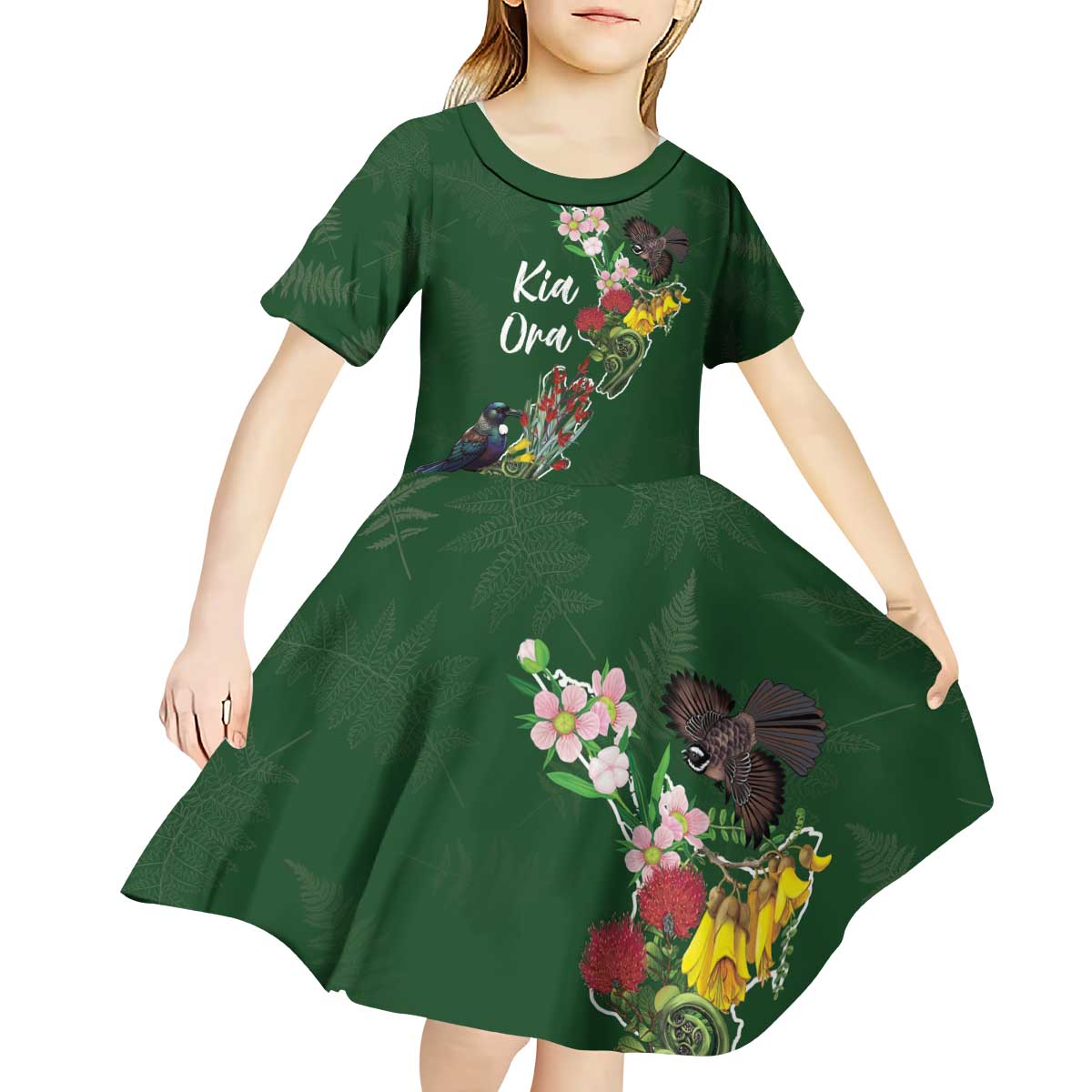 Kia Ora New Zealand Floral Personalized Kid Short Sleeve Dress Sage Green - Polynesian Pride