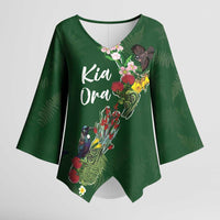 Kia Ora New Zealand Floral Personalized Kimono Sleeve Blouse Sage Green - Polynesian Pride