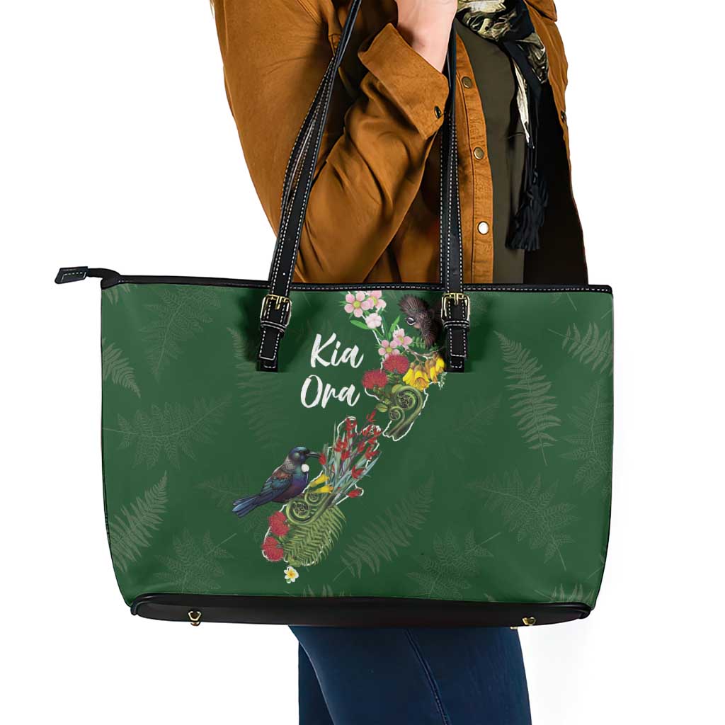 Kia Ora New Zealand Floral Leather Tote Bag Sage Green - Polynesian Pride