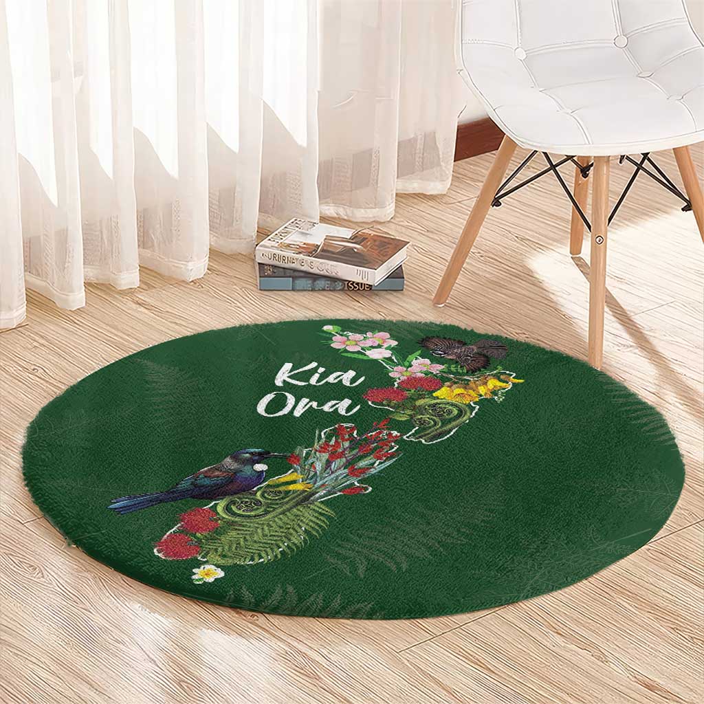 Kia Ora New Zealand Floral Round Carpet Sage Green - Polynesian Pride