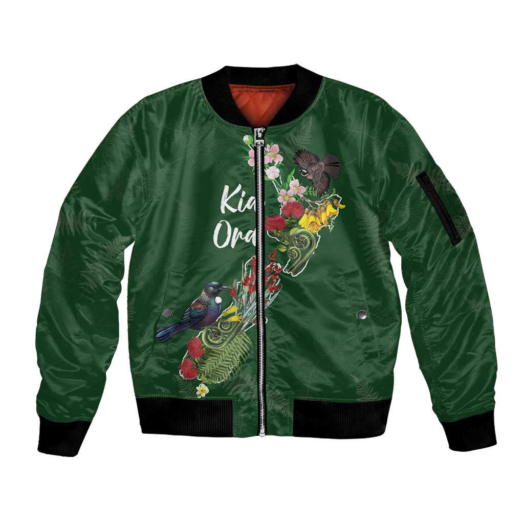 Kia Ora New Zealand Floral Personalized Sleeve Zip Bomber Jacket Sage Green - Polynesian Pride