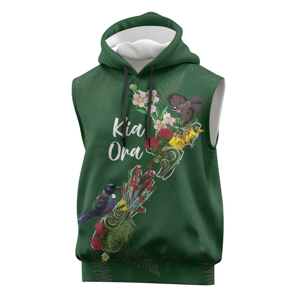 Kia Ora New Zealand Floral Personalized Sleeveless Hoodie Sage Green LT7 Sage Green - Polynesian Pride