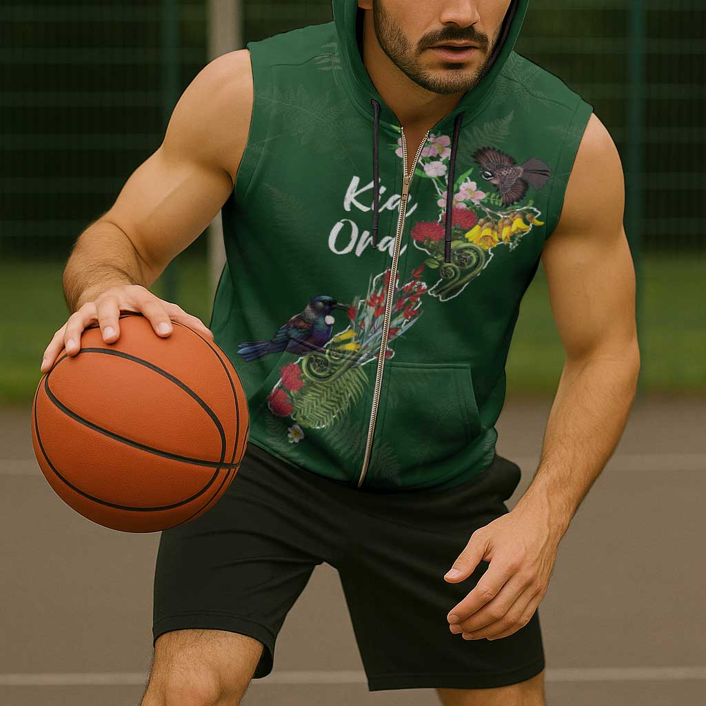 Kia Ora New Zealand Floral Personalized Sleeveless Zip Hoodie Sage Green - Polynesian Pride