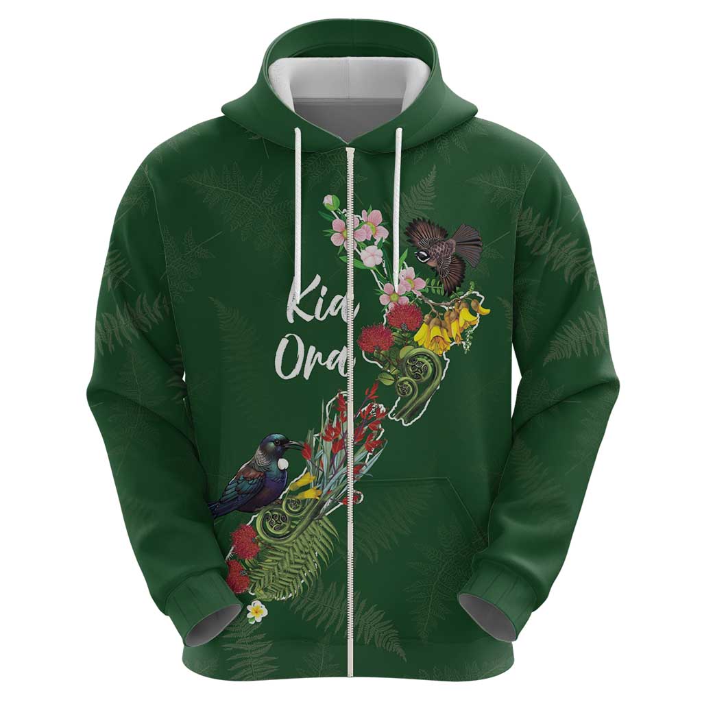 Kia Ora New Zealand Floral Personalized Zip Hoodie Sage Green - Polynesian Pride
