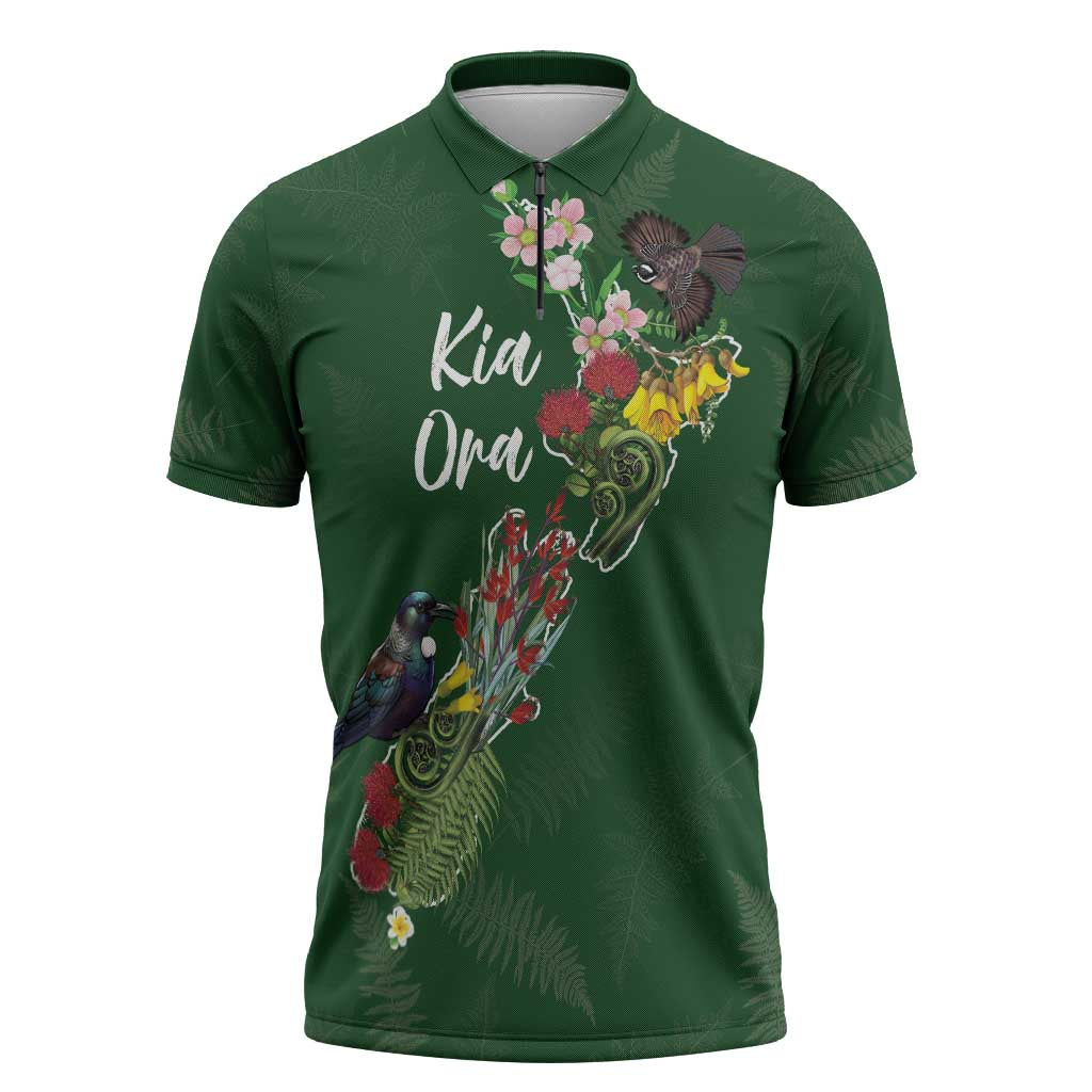 Kia Ora New Zealand Floral Personalized Zipper Polo Shirt Sage Green - Polynesian Pride