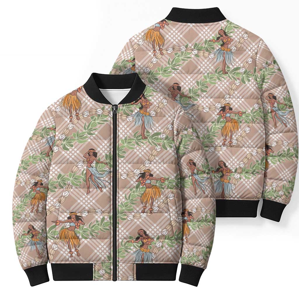 Beige Palaka Hula Girls Seamless Hawaii Aloha Bomber Puffer Jacket - Polynesian Pride